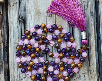 Fearlessness Mala 8MM, Multi Stone Necklace, Rose Quartz Mala, Tiger Eye Necklace, Amethyst Mala, 108 Mala Beads, Handmade Necklace