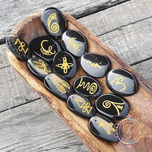 Karuna Reiki Set, Black Tourmaline Karuna Runes, Complete 13 Piece Crystal Engraved Karuna Symbol Reiki Runes, Black Tourmaline Reiki Set
