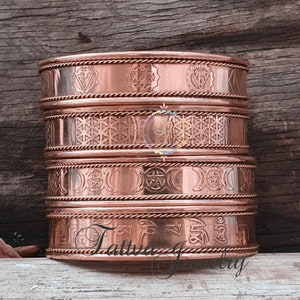 Engraved Copper Cuff Bracelet: Chakra, Flower of Life, Moon Goddess