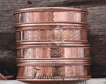 Engraved Copper Cuff Bracelet: Chakra, Flower of Life, Moon Goddess