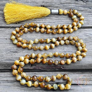 Yellow Tiger Eye Mala: 108 Bead Prayer Necklace with Vegan Tassel