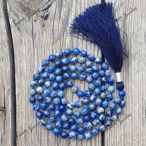Faceted Lapis Lazuli Mala: Handcrafted 108-Bead Meditation Necklace