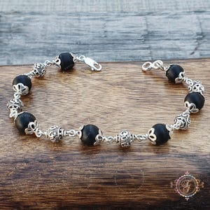Sterling Silver Shaligram Bead Bracelet: Om Namah Shivaya Charm