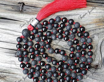 Earth's Elemental Harmony Mala Necklace, Volcanic Lava, Matte Black Onyx, Black Obsidian Beads Mala Necklace, 108 Mala Beads
