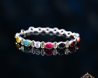 Pulseira Navratan dos Nove Planetas, Pulseira em Prata de Lei 925, Joia Navratan, Presente para Amigos, Joia em Prata, Pulseira Unissex Navratna