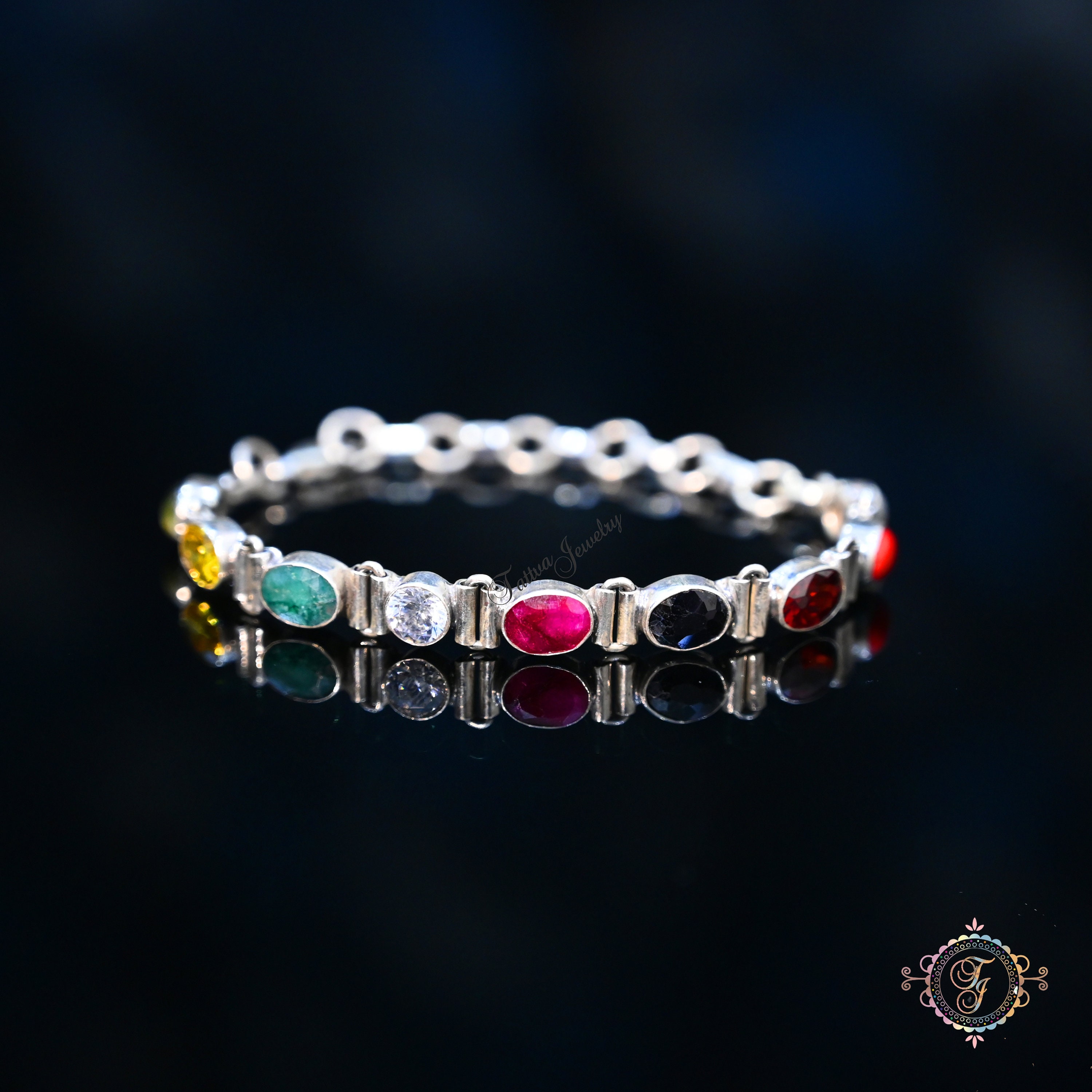 Nine Planet Navratan Bracelet, 925 Sterling Silver Bracelet