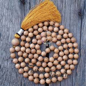 Mysore Sandalwood Mala Necklace: 8MM Yoga Beads, Silk Tassel