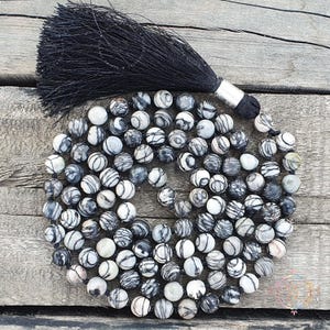 Picasso Jasper Mala Necklace: 108 Prayer Beads with Silk Tassel