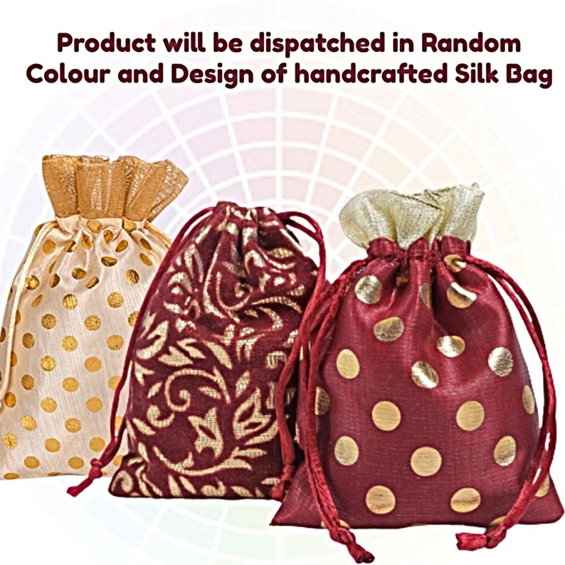 May include: Three small, handcrafted silk bags in different colors and patterns. The bags are made of a soft, silky fabric and have a drawstring closure. The bags are perfect for storing small items, such as jewelry, gifts, or favors.
