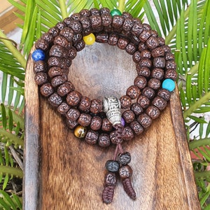 108 Rudraksha Seed Mala: Aged Brown Prayer Beads with Gemstones