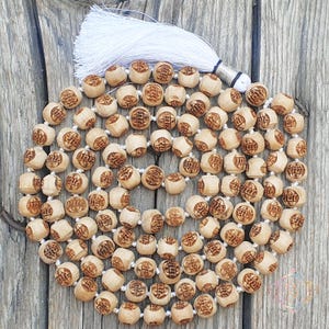 Tulsi Radha Carved Bead Mala Necklace: Knotted Japa Prayer Beads