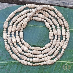 Radha Carved Tulsi Bead Necklace: Holy Basil Seed Mala