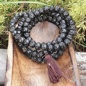 108 Black Brown Skull Prayer Mala, Rounded Hand Carved Natural Yak Bone, Japa Mala Genuine Dye Bone Skull, Kali Mala - Goddess Kali Necklace