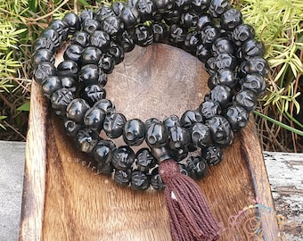 108 Black Brown Skull Prayer Mala, Rounded Hand Carved Natural Yak Bone, Japa Mala Genuine Dye Bone Skull, Kali Mala - Goddess Kali Necklace