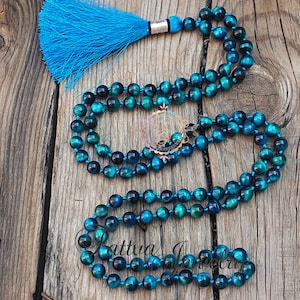 Light Greenish Blue Shaded Tiger Eye Necklace, 108 Mala Beads, Hawks Eye Necklace, Statement Jewelry Gift For Yoga Lover