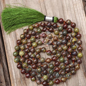 African Bloodstone Mala Necklace: 108 Bead Yoga Gift