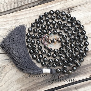 Faceted Black Tourmaline Mala Necklace: 108 Bead Protection Jewelry