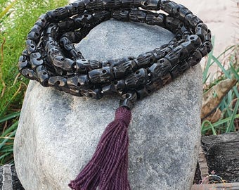Black Bone Skull Beads Mala, 108 Necklace, Skull Necklace, Hindu Necklace, Yoga Necklace, Carved Bone Beads, Goddess Necklace