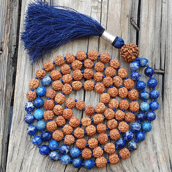 Peace Mala, Lapis Lazuli Mala With Rudraksha Beads, 108 Mala Beads, Lapis Lazuli Necklet, Spiritual Jewelry