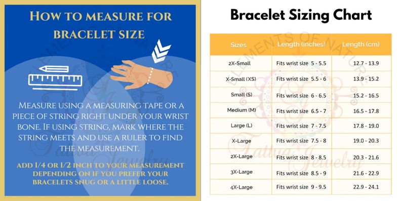 Pode incluir: Um gr&aacute;fico com instru&ccedil;&otilde;es sobre como medir o tamanho de uma pulseira usando uma fita m&eacute;trica ou um cord&atilde;o. O gr&aacute;fico tamb&eacute;m inclui uma tabela com os tamanhos das pulseiras, os tamanhos dos pulsos e os comprimentos correspondentes em polegadas e cent&iacute;metros.