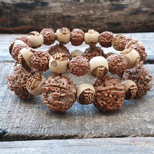 Om Namah Shivaya Bracelet: Carved Tulsi Wood & Rudraksha Beads