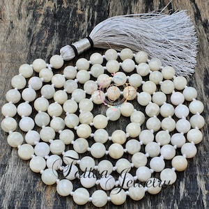 Weißer Mondstein Mala Kette: 108 Bead Boho Schmuck