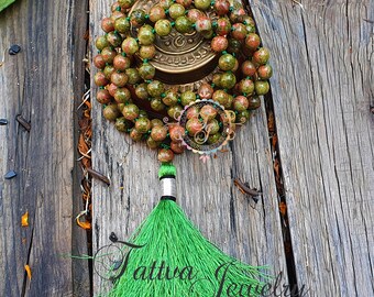 Unakite Jasper Mala Necklace: 108 Bead Meditation Necklace with Silk Tassel