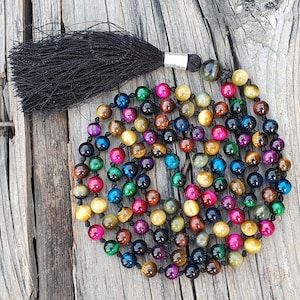 Hand Knotted Multicolor Tiger Eye Mala: 108 Bead Protection Necklace