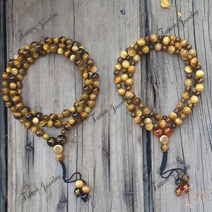 Honey Tiger Eye Mala: 108 Bead Meditation Necklace with Om