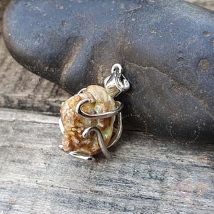 Puede incluir: Un colgante de plata con una piedra marrón y blanca encerrada en una jaula de alambre.