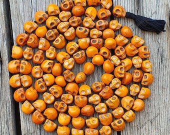 108 Orange Skull Mala, Impermanence Mala Skull Necklace, Mala Beads, Shiva Necklace, Kapala Prayer Beads, Kali Necklace, Kapala Necklace