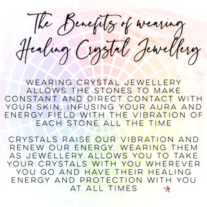 May include: Text graphic with a rainbow background and the text "The Benefits of wearing Healing Crystal Jewellery". The text below explains the benefits of wearing crystal jewelry, including raising your vibration and renewing your energy.