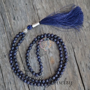 Blue Sandstone 108 Mala Bead Necklace: Handmade Buddhist Yoga Jewelry