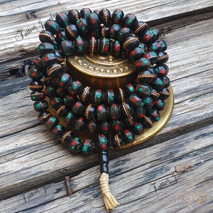 Black 108 Buddhist Mala Prayer Beads, Tibetan Rosary Yak Bone Beads, Traditional Inlay Tibetan Beads Mala Necklace, Long Buddhist Necklace