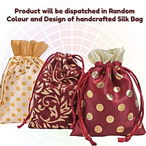 May include: Three small drawstring bags made of silk. The bags are in different colours and patterns. One bag is cream with gold polka dots, one is burgundy with gold floral designs, and one is burgundy with gold polka dots.