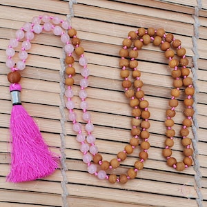 Rose Quartz With Sandalwood Mala, Love & Good Luck Mala, Sandalwood Necklace Rose Quartz Necklace, Crystal Rose Quartz Mala