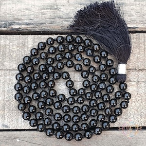 Black Obsidian 108 Mala Bead Necklace: Hand-Knotted Gemstone Meditation Jewelry