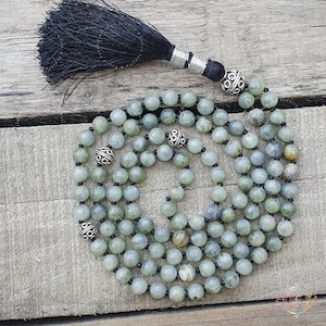 Gray Labradorite Mala Necklace: 108 Bead Meditation Necklace with Tassel