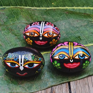 Handpainted Krishna Stone: Religious Altar Idol, Puja Gift
