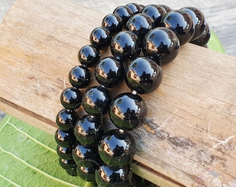 Bracelet en tourmaline noire naturelle (8 mm, 10 mm, 12 mm), bracelet en pierre précieuse, bracelet unisexe, bracelet ajustable