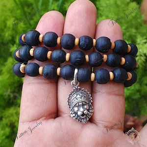 Handmade Tulsi Kanthi Mala: Sterling Silver Narasimhadev Pendant