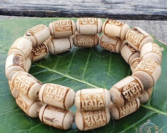 Two Piece Tulsi Radha Engraved Wood Bracelet Stack, Natural Yoga Meditation Beads