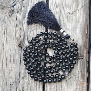 Black Obsidian 108 Mala Bead Necklace: Energy Protection Tassel Necklace