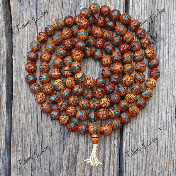 108 Natural Bodhi Seed Mala Prayer Beads, Traditional Inlay Tibetan Beads Mala Necklace, Yoga Gifts, Buddhist Mala