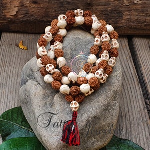 Howlite Skull Bead Necklace with Rudraksha – 108 Mala Beads for Meditation, Kali-Inspired Prayer Necklace, Handcrafted Spiritual Jewelry
