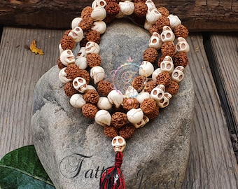 Howlite Skull Mala Necklace: Rudraksha Beads, Kali-Inspired Spiritual Jewelry