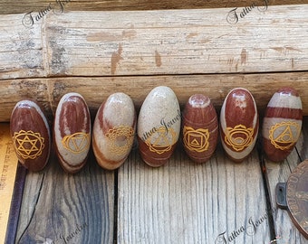 Shiva Lingam, 7 Chakras Lingam Set, Engraved Crystals, Healing Rocks, Palm Stone, Shiv Ling