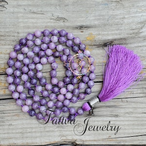 Lepidolite Mala Necklace: 8MM Crystal Beads, Silk Tassel