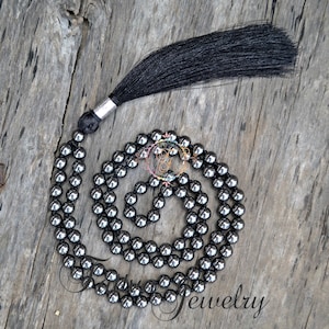 Hand-Knotted Hematite 108 Mala Bead Necklace: Bohemian Protective Crystal Jewelry