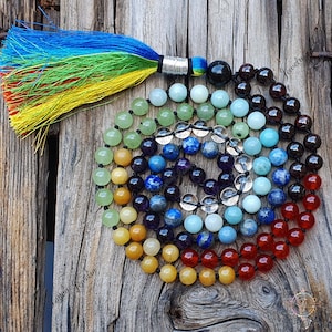 Collana Mala dei 7 Chakra: 108 perle, quarzo ialino, ametista, lapislazzuli